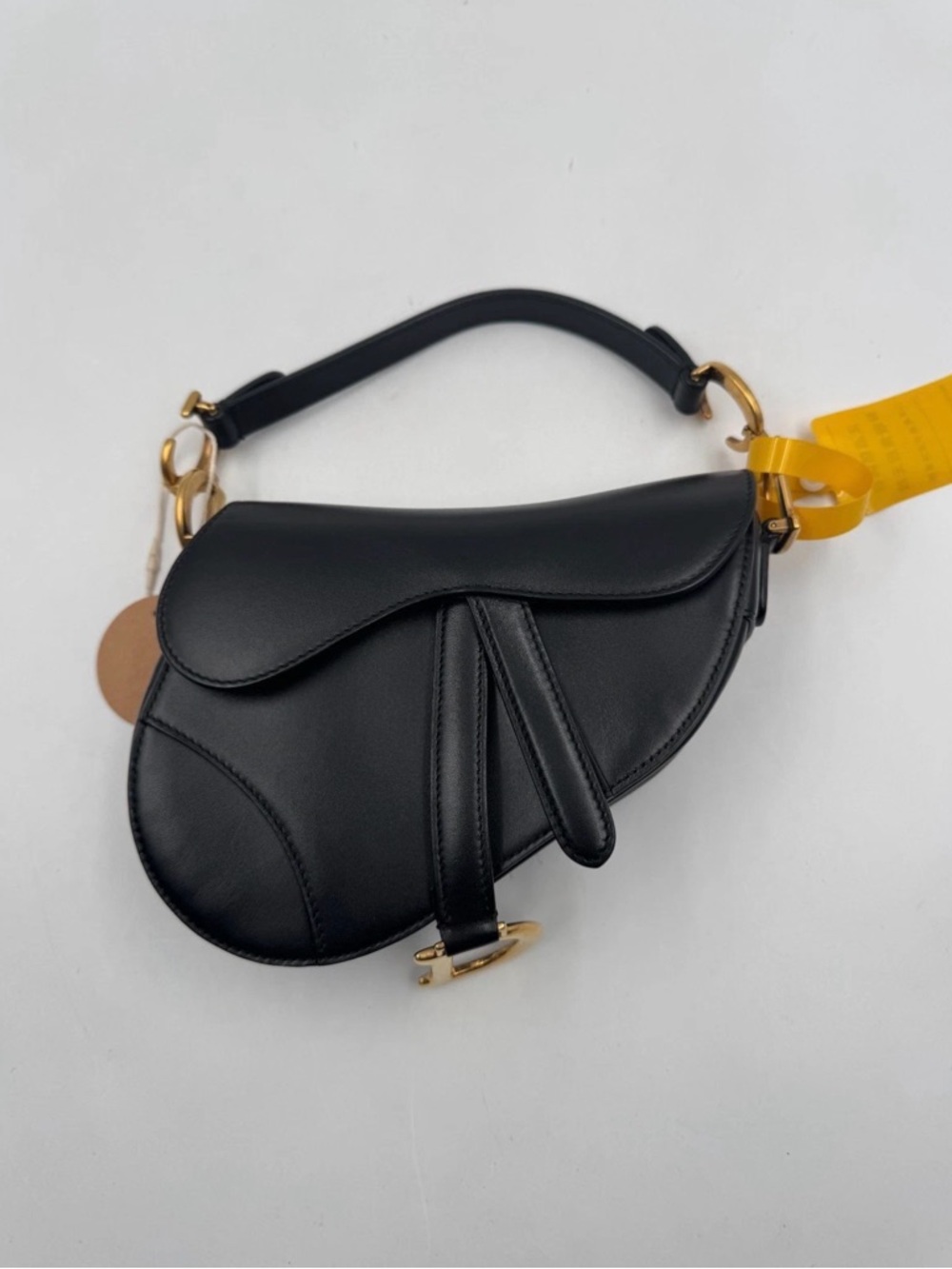 Authentic Black Saddle Mini Shoulder Bag with Gold Accents